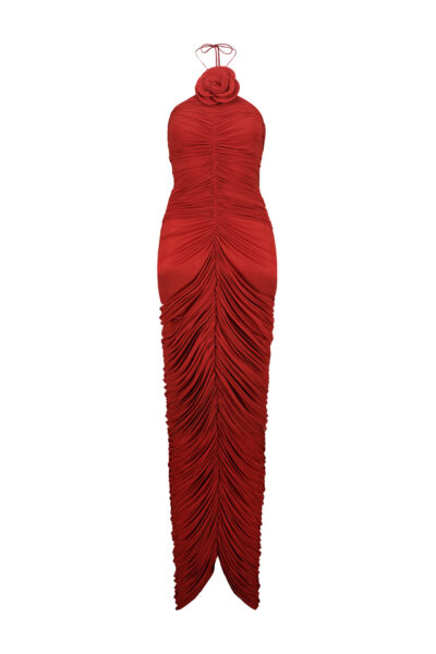 MAGDA BUTRYM RUCHED HALTERNECK FLOWER DRESS IN RED Red