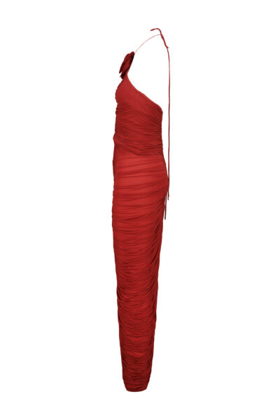 MAGDA BUTRYM RUCHED HALTERNECK FLOWER DRESS IN RED Red